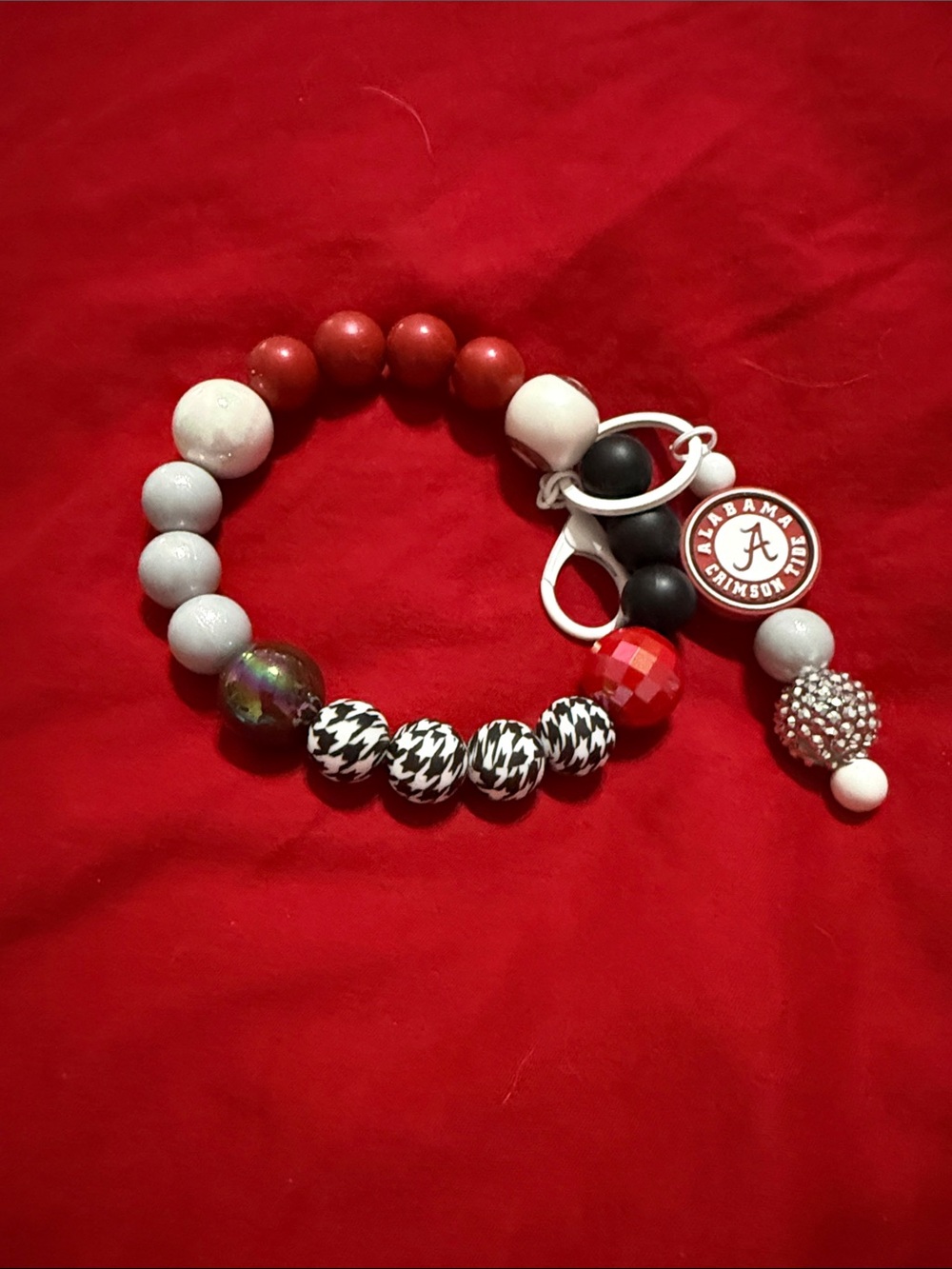 Red & White Beaded Wristlet Keychain